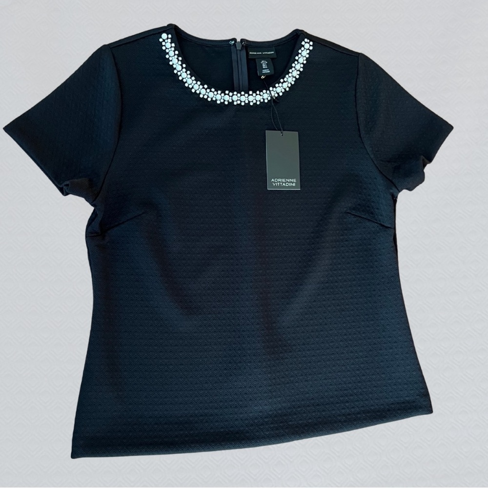 Adrienne Vittadini Black Top with Embellished Neckline